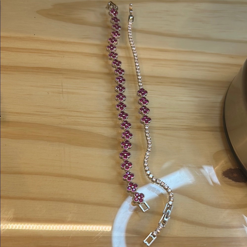 Elegant Pink and Silver Clover Tennis Bracelet